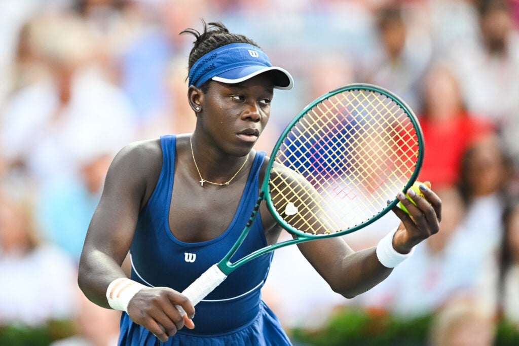 Victoria Mboko serves at the 2025 National Bank Open