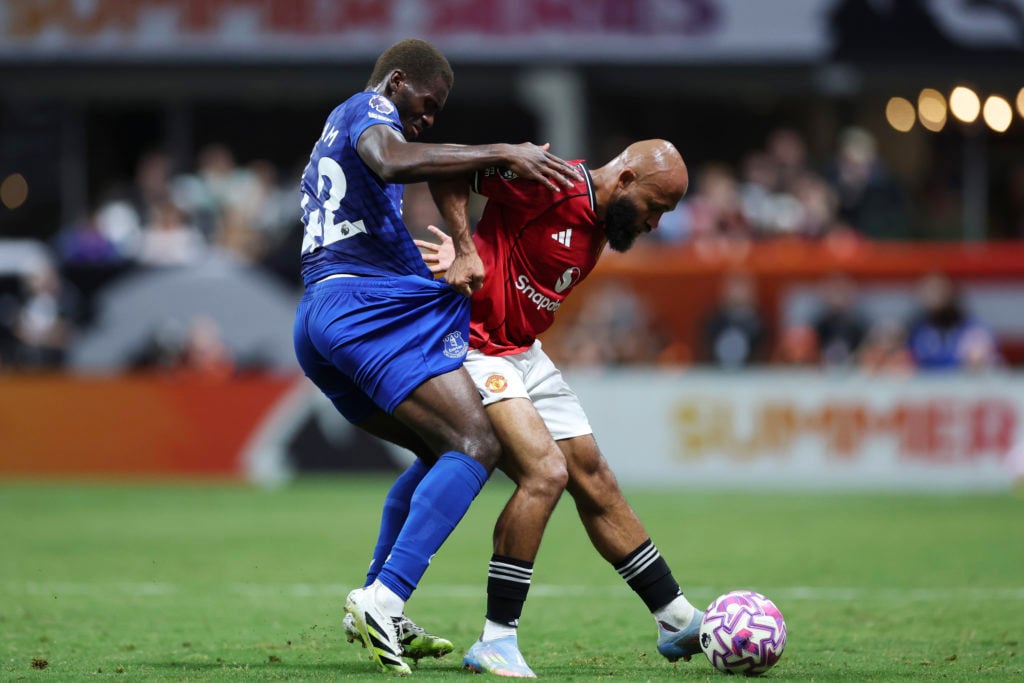 Tim Iroegbunam challenges for the ball with Bryan Mbeumo during the Premier League Summer Series match between Manchester United and Everton at the Mercedes-Benz Stadium in 2025 in Atlanta, Georgia.