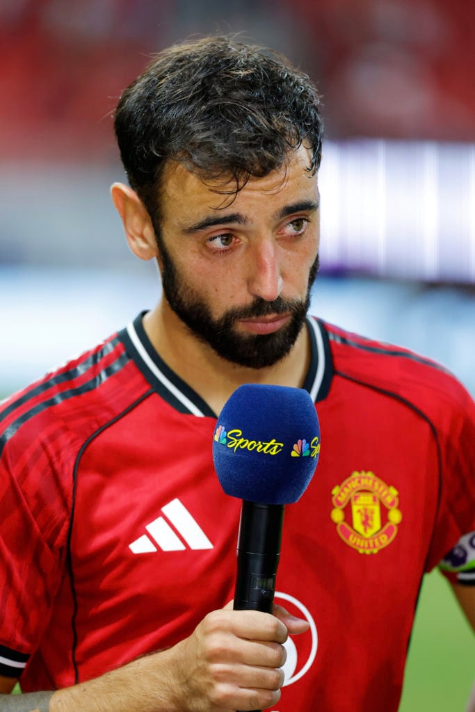 Bruno Fernandes of Manchester United talks to the press
