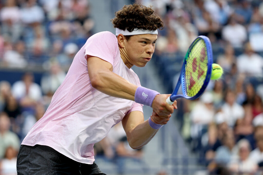 Ben Shelton of United States returns a shot to Flavio Cobolli of Italy during the National Bank Open Presented by Rogers at Sobeys Stadium on August 03, 2025 in Toronto, Ontario.
