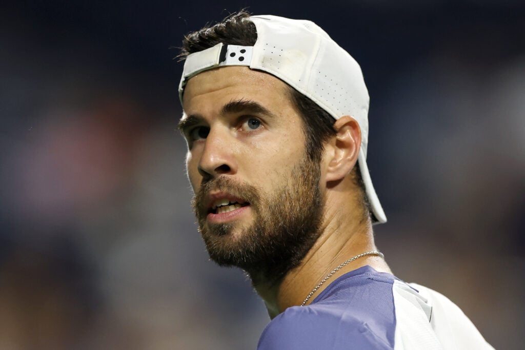Karen Khachanov looks on during his quarterfinal win over Alex Michelsen at the 2025 Canadian Open