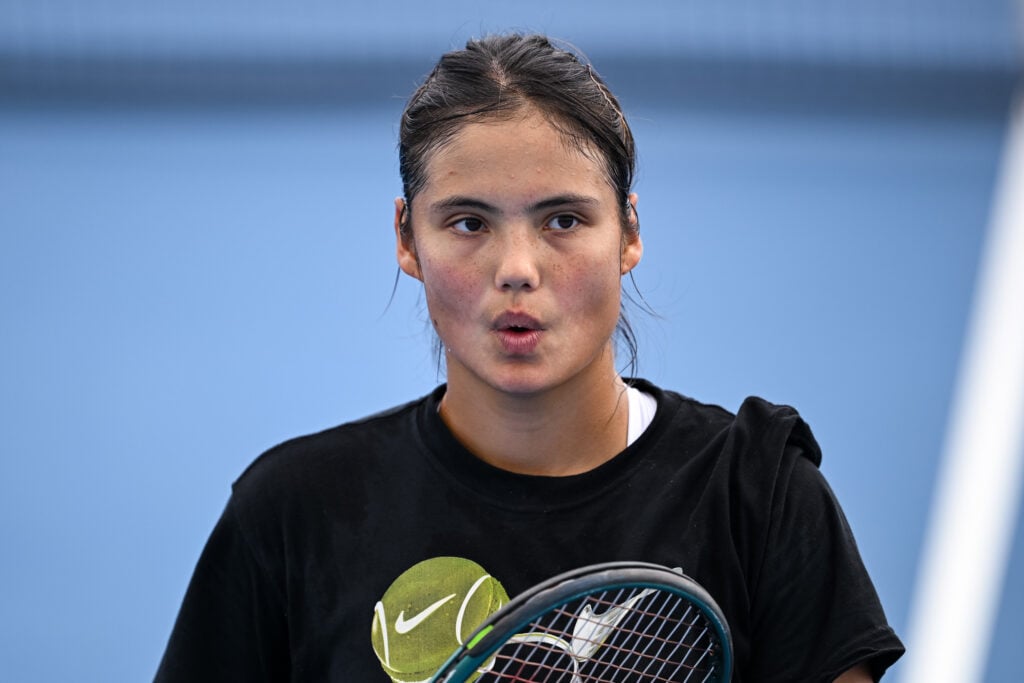 Emma Raducanu of Great Britain reacts in a practice session during day one of the Cincinnati Open 2025 at Lindner Family Tennis Center.