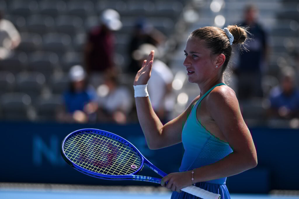 Marta Kostyuk of Ukraine reacts against Tatjana Maria of Germany during the Women's Singles Second Round match on day three of the Cincinnati Open 2025 at Lindner Family Tennis Center.
