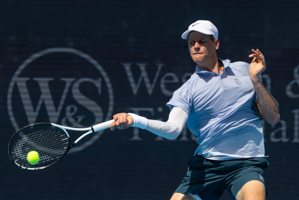 Jannik Sinner of Italy in action against Daniel Elahi Galan of Columbia in the second round of the men's singles at the Cincinnati Open at the Lindner Family Tennis Center on August 09, 2025 in Mason, Ohio.