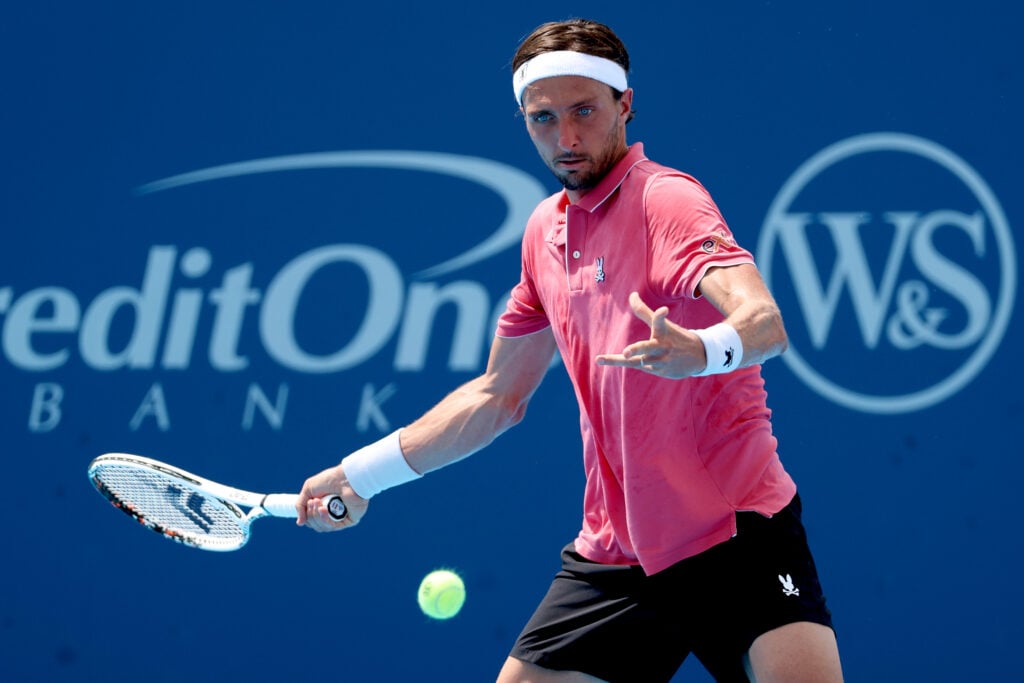 Arthur Rinderknech hits a forehand to Felix Auger-Aliassime at the 2025 Cincinnati Open