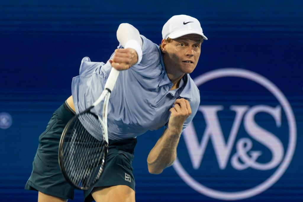 Jannik Sinner of Italy in action against Gabriel Diallo of Canada in the third round of the men's singles at the Cincinnati Open at the Lindner Family Tennis Center.