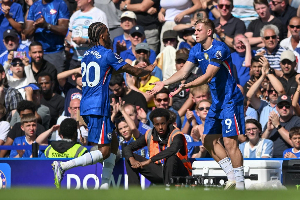 Liam Delap comes on in place of Joao Pedro during Chelsea v Crystal Palace in the Premier League