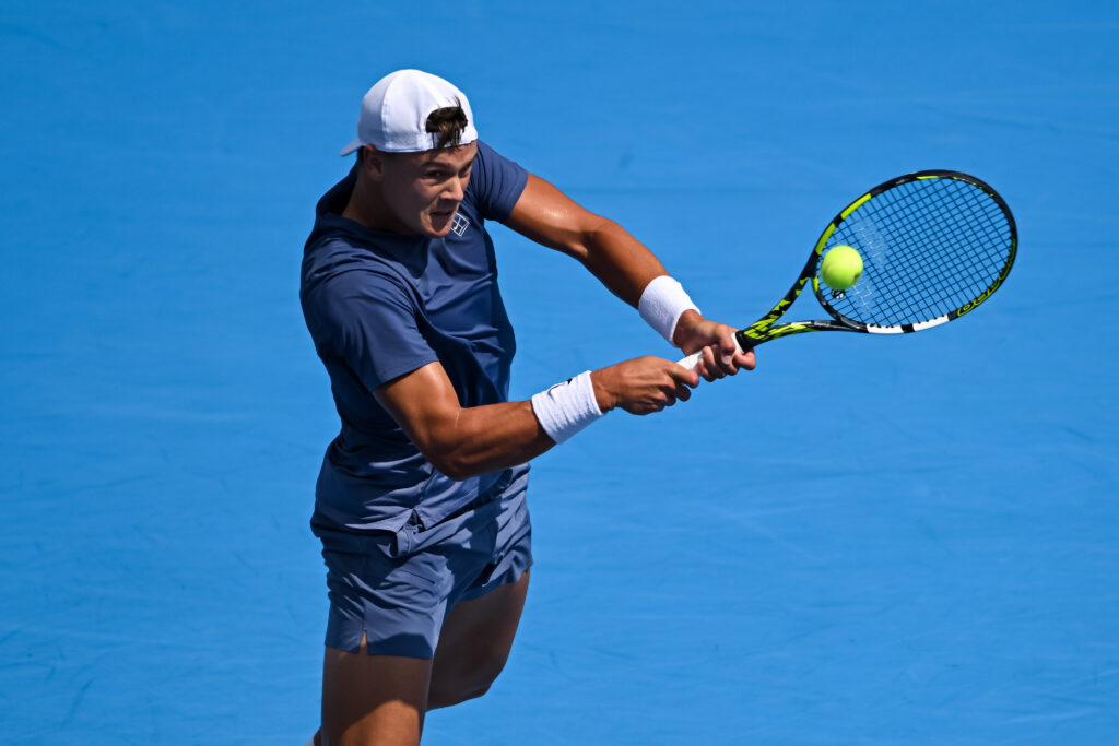 Holger Rune of Denmark in action against Frances Tiafoe of the United States during the Men's Singles Fourth Round match on day seven of the Cincinnati Open 2025 at Lindner Family Tennis Center on August 13, 2025 in Mason, Ohio.