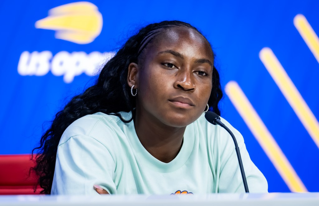 Coco Gauff talks to the press during Media Day ahead of the US Open at USTA Billie Jean King National Tennis Center on August 22, 2025 in New York City.