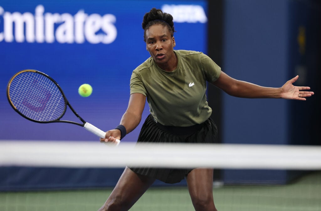 Venus Williams hits a volley in training prior to the start of the US Open