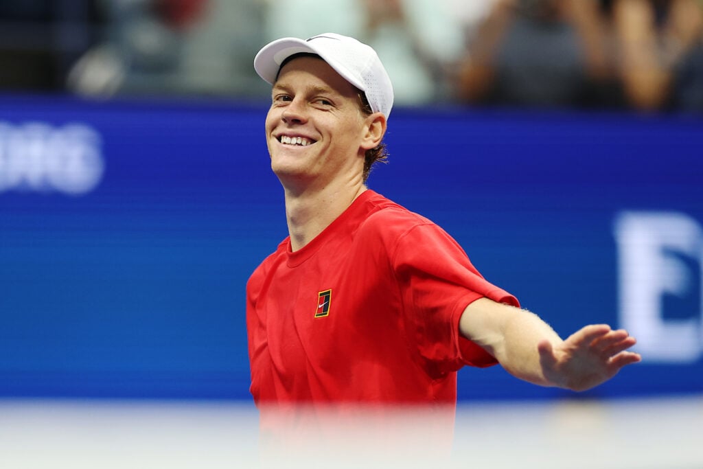 Jannik Sinner reacts during a practice session ahead of the 2025 US Open