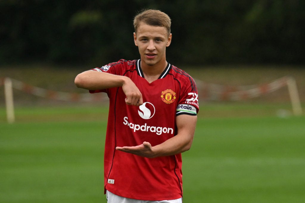 Amir Ibragimov celebrates scoring for Manchester United's u18 side.