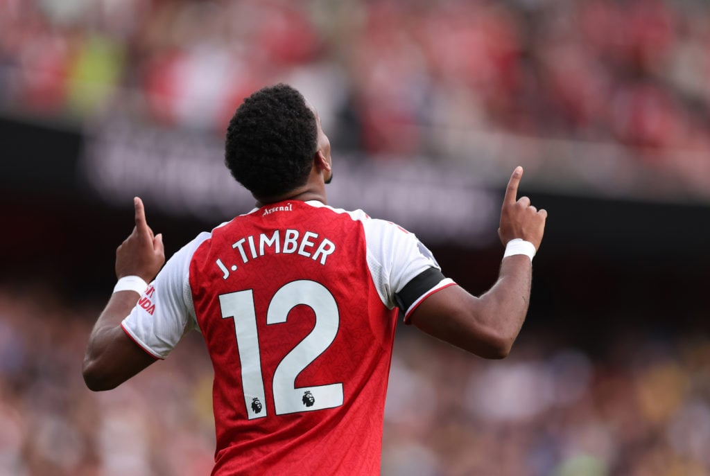 Jurrien Timber of Arsenal celebrates after scoring a goal to make it 4-0 during the Premier League match between Arsenal and Leeds United
