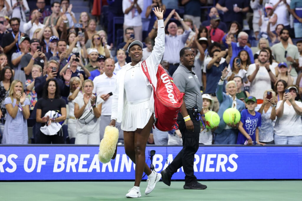 Venus Williams of the United States acknowledges the crowd as she leaves the court after losing to Karolina Muchova of Czech Republic during their Women's Singles First Round match on Day Two of the 2025 US Open at USTA Billie Jean King National Tennis Center.