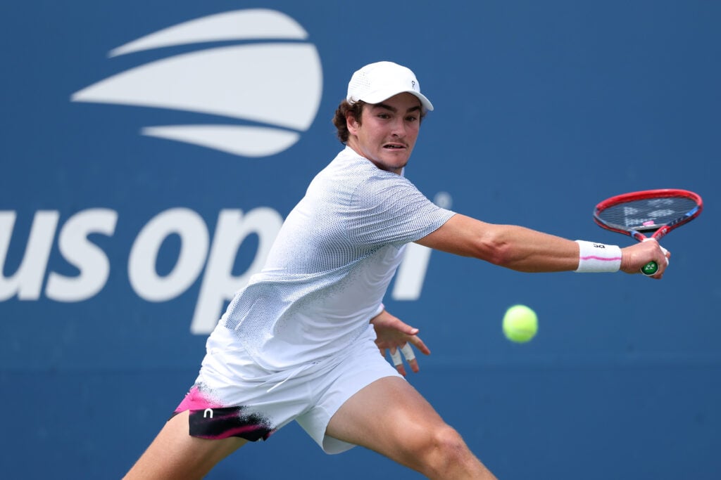 Joao Fonseca of Brazil returns against Tomas Machac of Czech Republic during their Men's Singles Second Round match on Day Four of the 2025 US Open at USTA Billie Jean King National Tennis Center.
