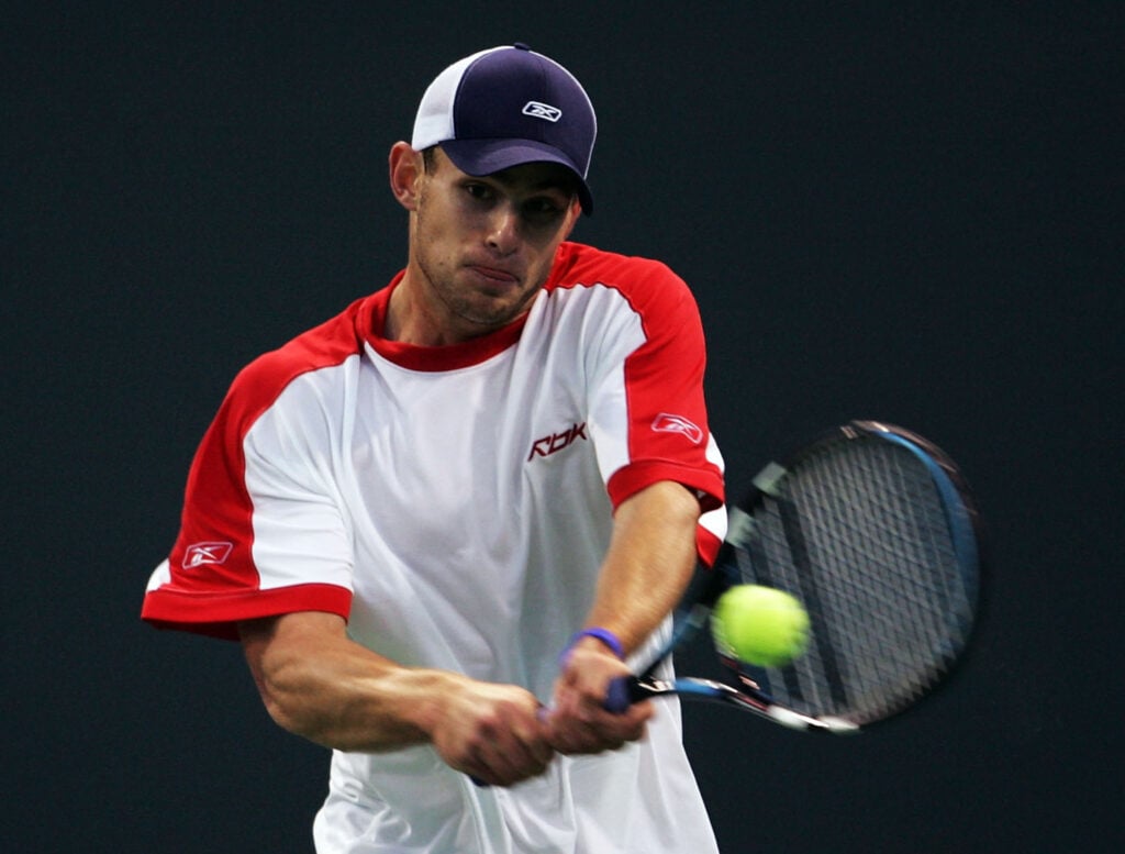 Andy Roddick hits a backhand at the USA v Croatia 2005 Davis Cup tie
