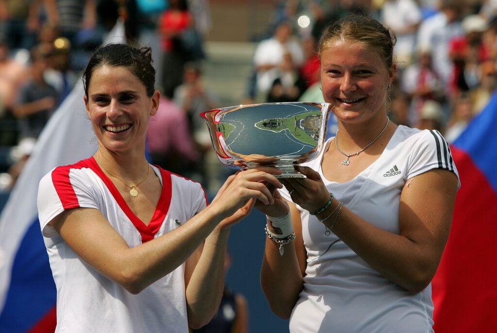 Nathalie Dechy of France and Dinara Safina of Russia celebrate with the winner's trophy after their 6-4, 6-2 win against Yung-Jan Chan and Chia-Jung Chuang of Chinese Taipei during their Women's Doubles Final match on day fourteen of the 2007 U.S. Open in Arthur Ashe Stadium at the Billie Jean King National Tennis Center.