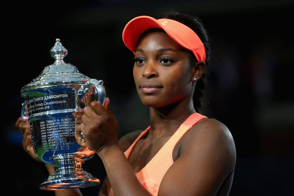 Sloane Stephens of the United States poses with the championship trophy during the trophy presentation after defeating Madison Keys of the United States in the Women's Singles final match on Day Thirteen during the 2017 US Open at the USTA Billie Jean King National Tennis Center.