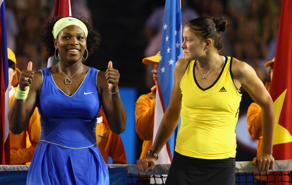 Serena Williams of the United States of America and Dinara Safina of Russia talk before the trophy presentation after the women's final match against Dinara Safina of Russia during day thirteen of the 2009 Australian Open at Melbourne Park.