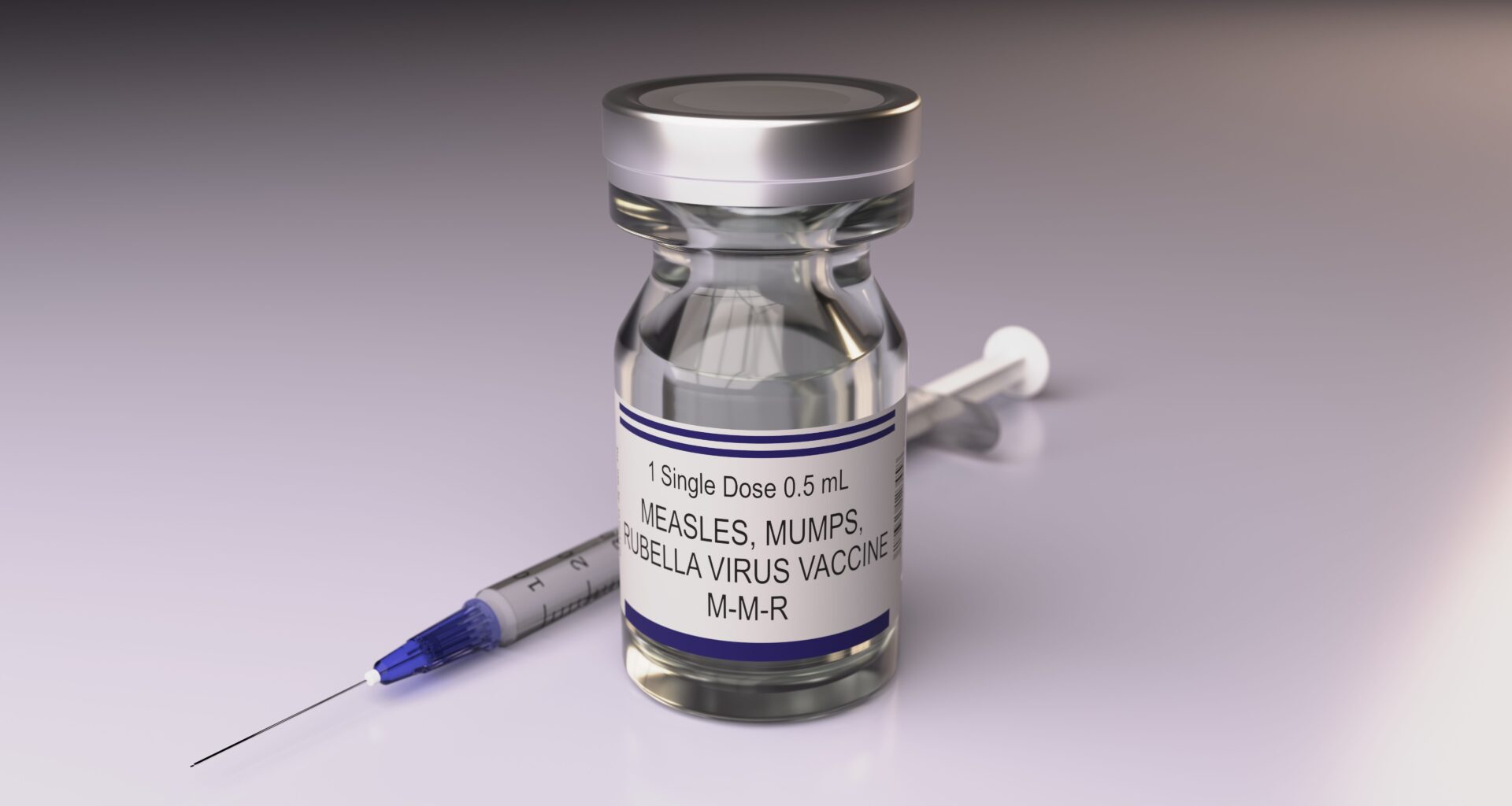 3D illustration of Measles, Mumps, Rubella virus vaccine vial and syringe