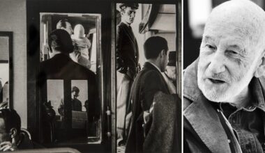 Black and white photo collage: on the left, people ride a bus or train, some standing, some seated, reflected in glass; on the right, an elderly man with a beard and jacket looks to the side, appearing in conversation.