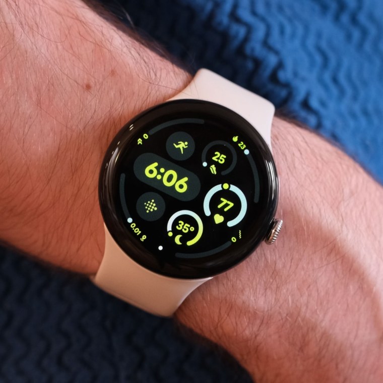 A close up of the Google Pixel Watch 3 on the wrist of the writer.