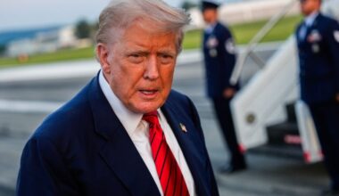 President Donald Trump speaks with reporters before boarding Air Force One at Lehigh Valley International Airport, Sunday, Aug. 3, 2025, in Allentown, Pa.