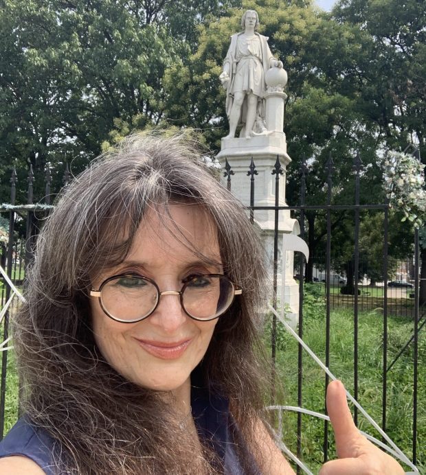 Christine stopped by Marconi Plaza to let Columbus know that trying to rub out his holiday was not going to stand. (COURTESY OF CHRISTINE FLOWERS)