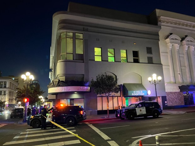 The building on the corner of G Street and Sixth Avenue in downtown San Diego where a person was shot and killed on Aug. 3, 2025 (Blake Nelson / The San Diego Union-Tribune)