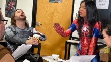 Jon Allen  (left) and April Paje (right) rehearsed lines for the original screenplay titled "For Rent", August 16, 2025.