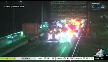 All lanes of I-295 southbound at Beach Blvd. shut down after semi-truck catches fire