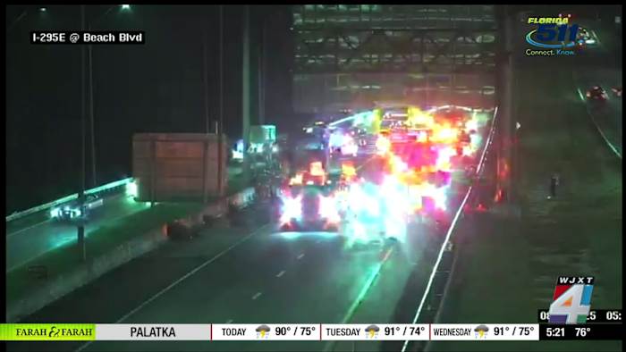 All lanes of I-295 southbound at Beach Blvd. shut down after semi-truck catches fire