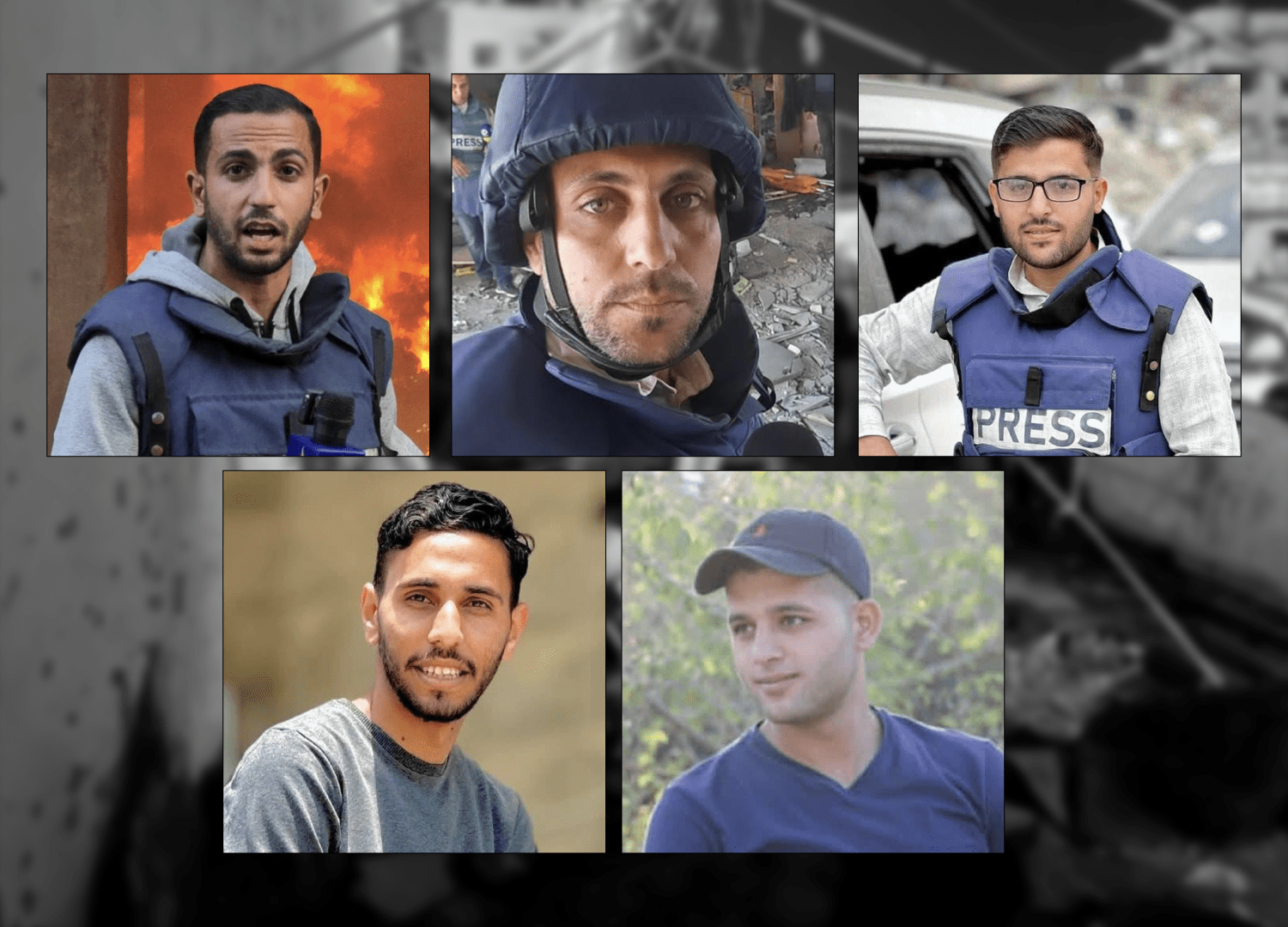 From left to right the journalists murdered by Israel Anas al-Sharif, 28, Mohammed Qreiqeh, 33, and camera operators Ibrahim Zaher, 25; Moamen Aliwa, 23; and Mohammed Noufal, 29. [Al Jazeera]