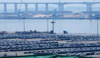 Vehicles for export are parked at a port in Pyeongtaek, South Korea, on Aug. 1.