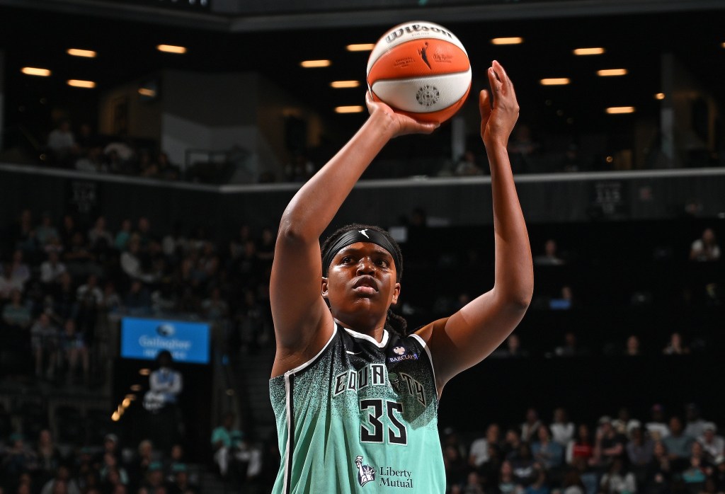 Jonquel Jones shoots a free throw during the Liberty's 85-75 win over the rival Lynx on Aug. 19, 2025.