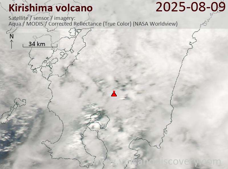 Satellite image of Kirishima volcano on  9 Aug 2025
