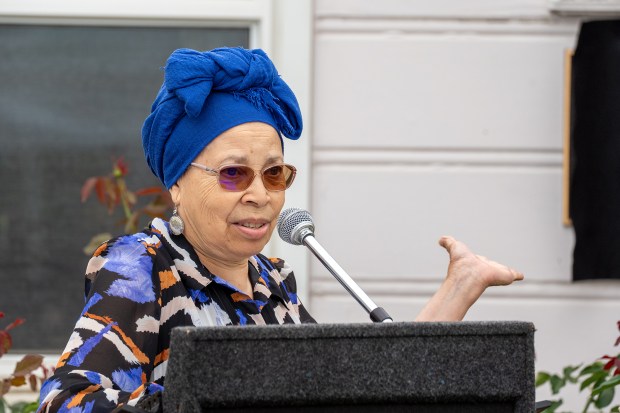 Commissioner Gail Kennard speaks during a plaque unveiling ceremony at...