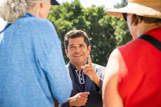 Rep. Jimmy Gomez speaks to members of Woodland Hills Indivisible...