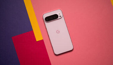 Pixel 9 Pro XL back view against colorful background
