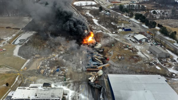 This photo taken with a drone shows portions of a Norfolk and Southern freight train that derailed Friday night in East Palestine, Ohio are still on fire at mid-day Saturday, Feb. 4, 2023. (Gene J. Puskar/AP)