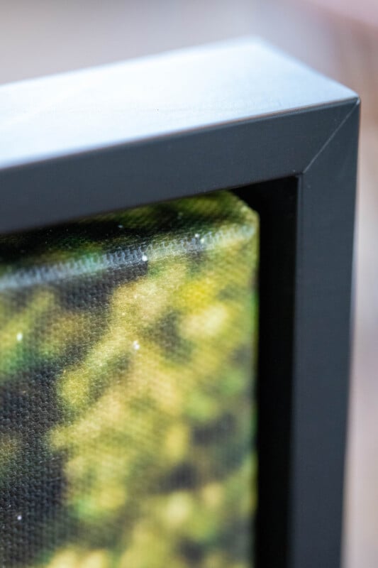 Close-up of a framed canvas artwork showing the corner, with the edge of the black frame and blurred green and yellow patterns on the canvas.