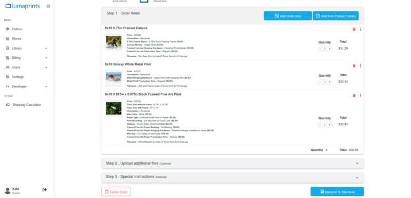 Screenshot of an online order form on Lumaprints, showing a list of three print products with images, titles, quantities, and prices. Navigation menu is on the left; checkout options are at the bottom.