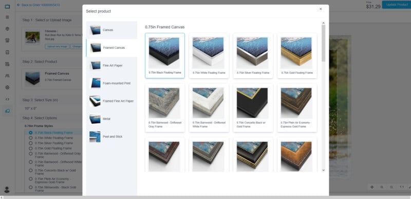 A computer screen shows a product selection window for framed canvases, displaying various frame options with images, prices, and descriptions. The background shows a blurred interface for editing or ordering prints.