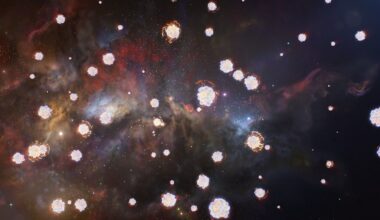 A dark, slightly colorful section of sky with white blobs.