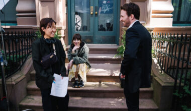 Celine Song, Dakota Johnson and Chris Evans filming 'Materialists.'