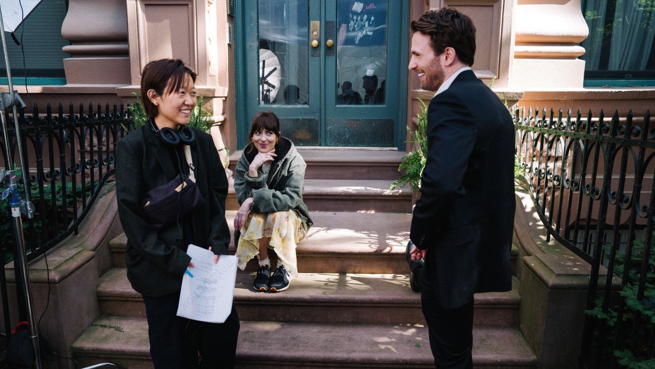 Celine Song, Dakota Johnson and Chris Evans filming 'Materialists.'