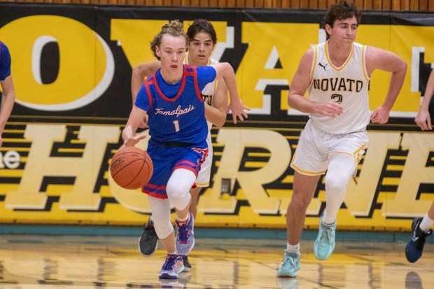 Logan Raven (1) of Tam dribbles up the court against...