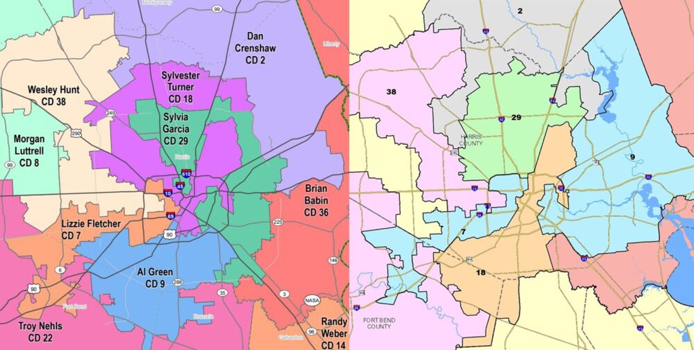 Houston's congressional map prior to March 2025 (left) and its proposed new congressional map (right).