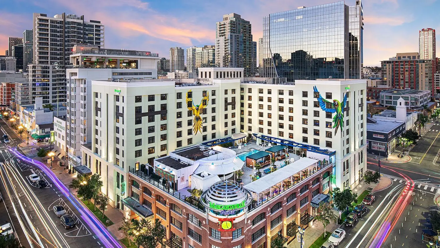 Aerial view of San Diego bar  5 o'Clock Somewhere Rooftop Bar at the Margaritaville Hotel in the Gaslamp Quarter