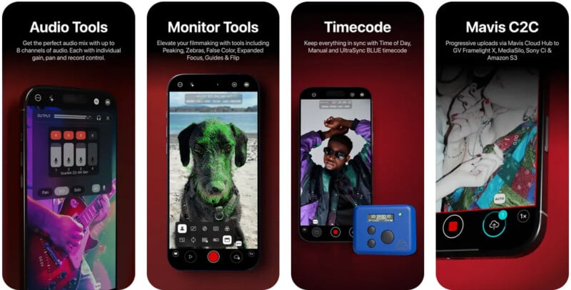 Four smartphone screens showcase features of a filmmaking app: audio tools, monitor tools with zebra and focus peaking, timecode syncing, and cloud upload, each with vibrant images and interface details on dark backgrounds.